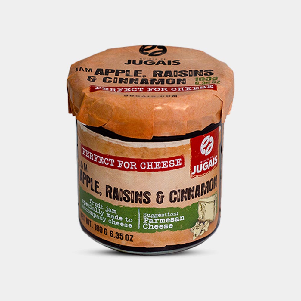 Apple, Raisin & Cinnamon Jam 180g by Quinta de Jugais – crafted to pair with Parmesan cheese. Available at The Cheeseroom, Dubai’s luxury cheese boutique for artisanal cheeses, charcuterie, truffle products, gourmet condiments, cheese platters, charcuterie boards, and premium cold cuts.