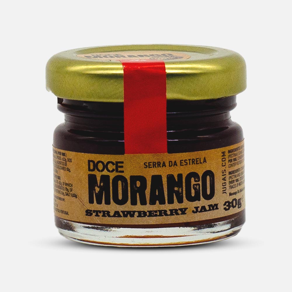 Mini jar of Serra da Estrela Doce Morango strawberry jam 30g with golden lid and red seal, gourmet preserve by Quinta de Jugais at The Cheeseroom in Dubai