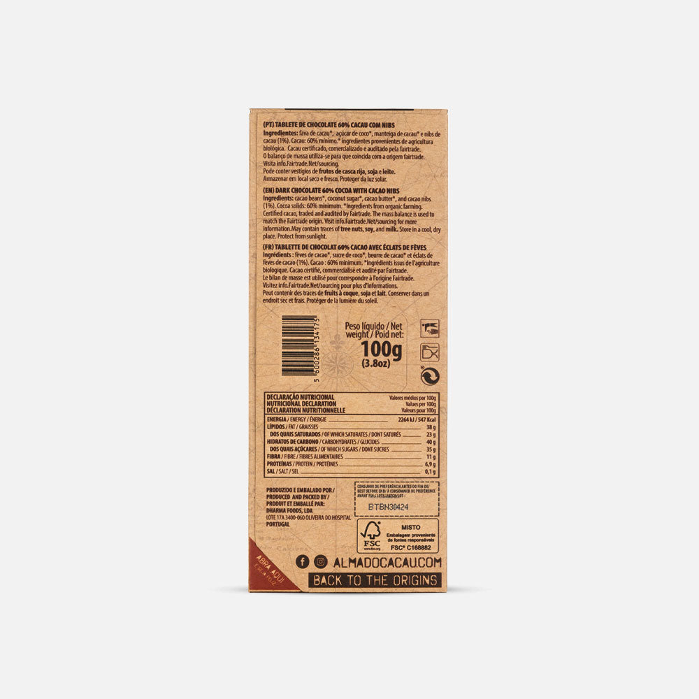 60% Dark Chocolate with Raw Cocoa Nibs 100g