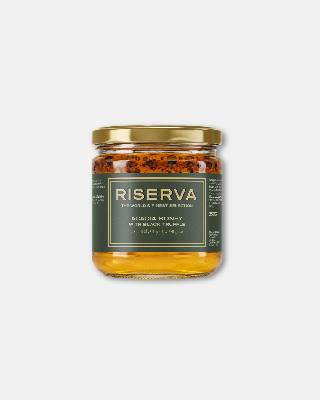 Riserva Acacia Honey with Summer Truffle 250g, a golden honey with truffle pieces near the top. This honey and truffle combination can complement cheese boards, soft cheeses, crackers and gourmet appetizers. summer truffle honey Dubai, truffle honey Dubai, summer truffle Dubai, summer truffles Dubai, truffle products Dubai, premium truffle products Dubai, gourmet truffles UAE, truffle products UAE.