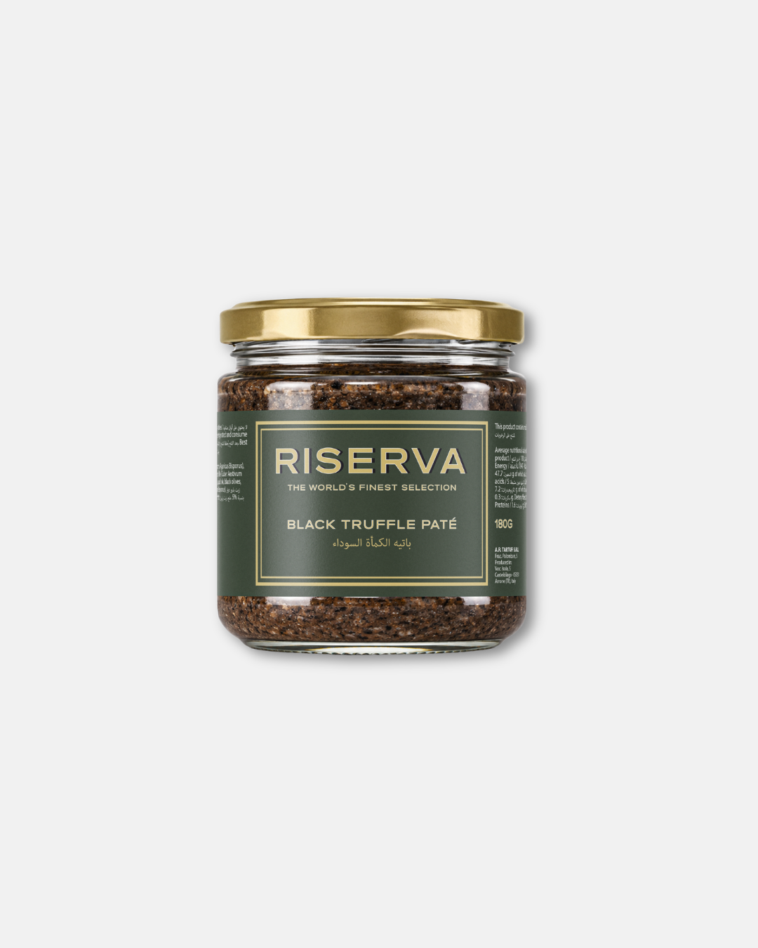 Riserva Black Truffle Paté 180g, containing a finely textured dark brown pâté with visible truffle pieces. This gourmet black truffle spread is suitable for serving on toasted bread, crostini and savory appetizers or alongside a curated cheese board. Black truffle pâté Dubai, truffle products Dubai, premium truffle products Dubai, truffle shop Dubai, gourmet truffles Dubai, truffle products Dubai UAE, premium truffle products UAE, truffle products UAE