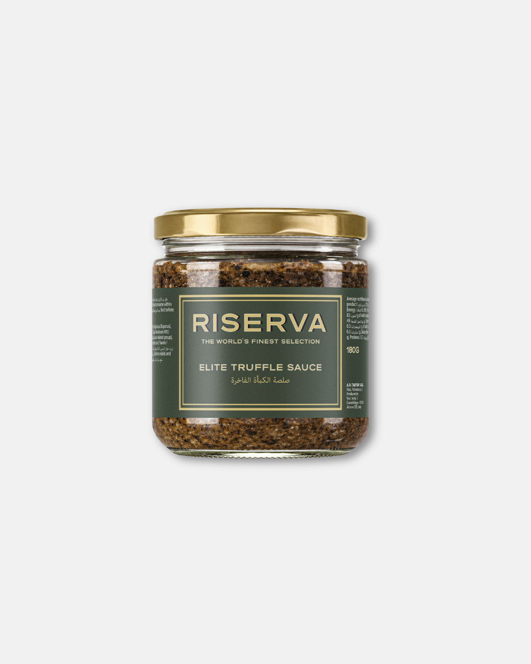 Riserva Elite Truffle Sauce 180g, contain a textured brown truffle sauce with visible dark flecks. This gourmet truffle condiment can be incorporated into pasta, risotto, meat dishes and savory recipes to add depth to food preparations. truffle sauce online UAE, buy truffle sauce online, truffle products Dubai, premium truffle products Dubai, truffle shop Dubai, gourmet truffles Dubai, truffle products UAE, truffle products Dubai UAE.