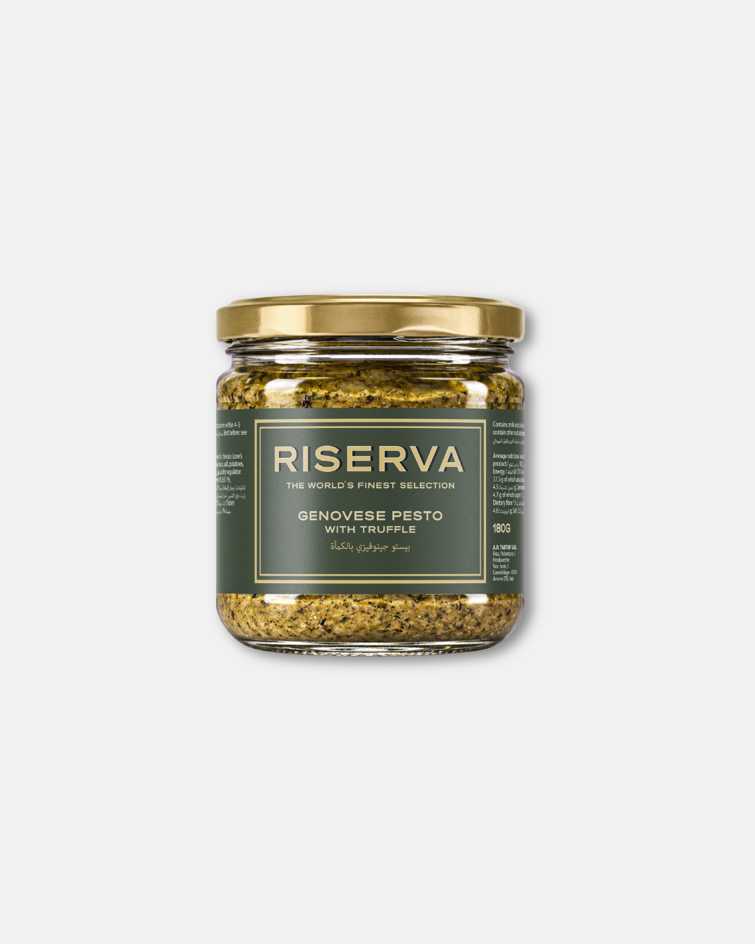 Riserva Genovese Pesto with Truffle 180g, contain a textured green pesto with herbs and flecks. This gourmet truffle pesto is suitable for pasta dishes, bruschetta, sandwiches and savory recipes, combining the appeal of Genovese pesto with truffle for versatile meal preparation. truffle products Dubai, premium truffle products Dubai, truffle shop Dubai, gourmet truffles Dubai, truffle pesto UAE, truffle products Dubai UAE.
