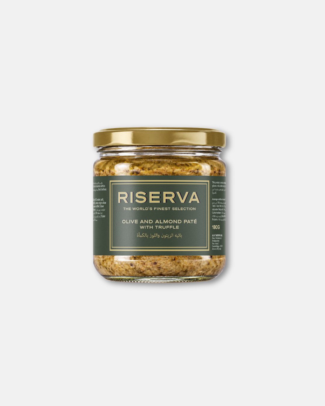 Riserva Olive and Almond Paste with Truffle 180g, contain a beige-green paste with a visibly textured consistency and small dark flecks. This olive and almond truffle paste is suited to spreading on toasted bread, serving with appetizers and pairing with cheese boards.
Truffle products Dubai, premium truffle products, truffle shop Dubai, gourmet truffles, truffle products UAE, premium truffle products UAE, buy truffles online.