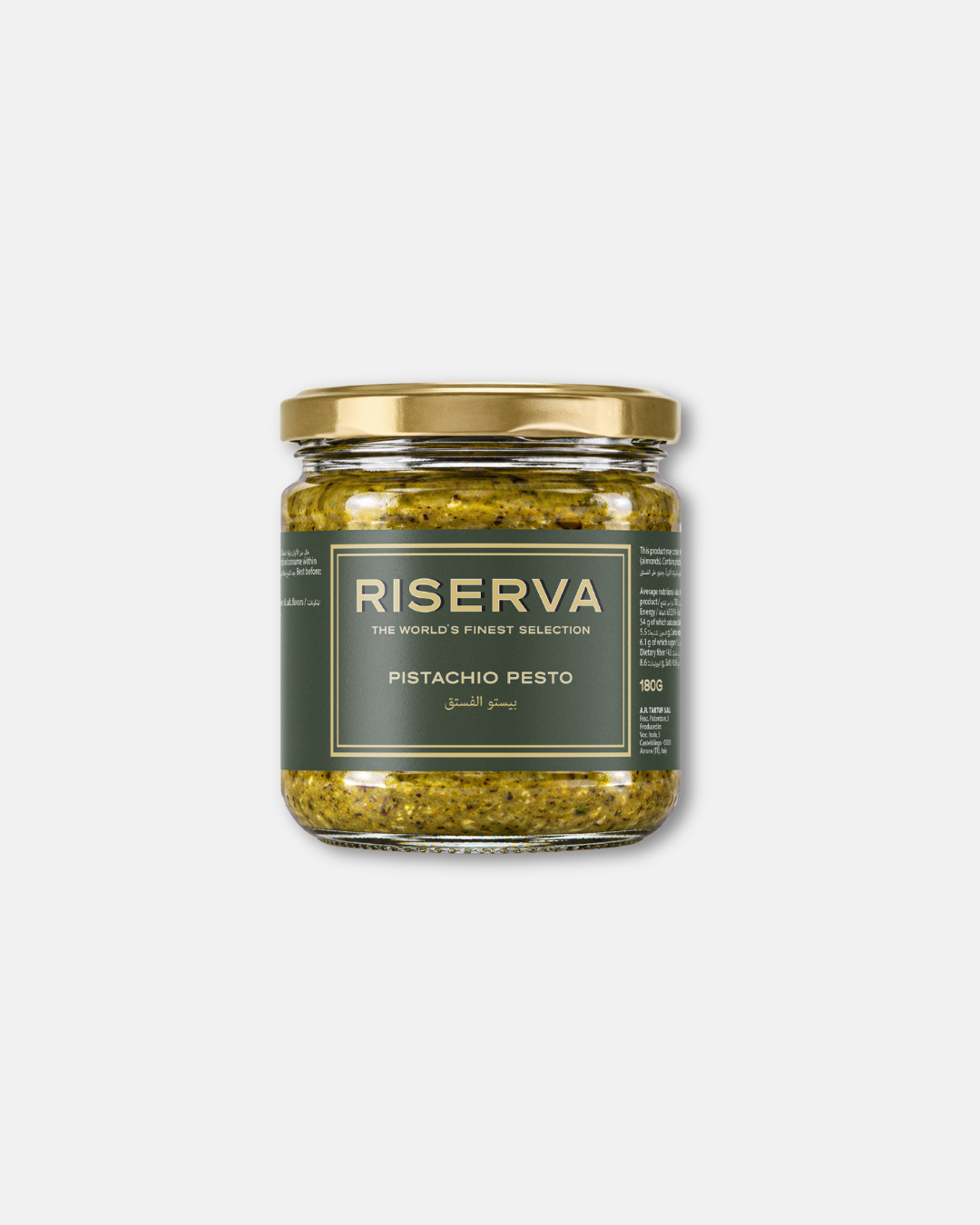 Riserva Pistachio Pesto 180g, a textured green pistachio pesto with visible seasoning. This gourmet pesto is suitable for pasta, bruschetta, sandwiches and savory recipes, offering a versatile addition to a gourmet pantry. truffle products Dubai, premium truffle products Dubai, truffle shop Dubai, gourmet truffles UAE, truffle products UAE, buy truffles online UAE, truffle shop UAE.