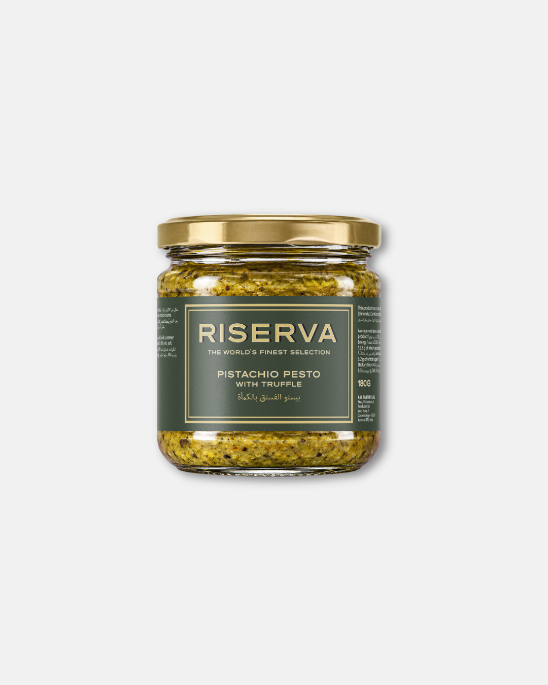 Riserva Pistachio Pesto with Truffle 180g, contain a textured green pistachio pesto with seasoning throughout. This gourmet pesto combines pistachio and truffle in a condiment for pasta, bruschetta, sandwiches and savory dishes. pistachio pesto with truffle, truffle products Dubai, premium truffle products Dubai, truffle shop Dubai, gourmet truffles Dubai, truffle pesto UAE, buy truffle Dubai, truffle products UAE.