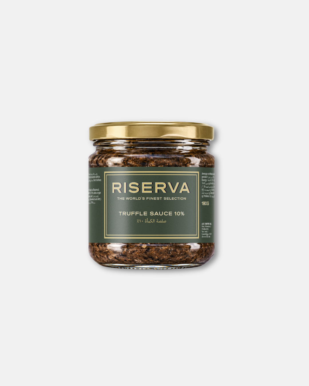 Riserva Truffle Sauce Original 10% 180g is a finely textured truffle sauce with visible specks. This concentrated truffle condiment is suitable for enriching pasta, risotto, meat dishes, and savoury recipes. black truffle sauce, truffle sauce Dubai, Black truffle pâté Dubai, Black truffle pesto Dubai.