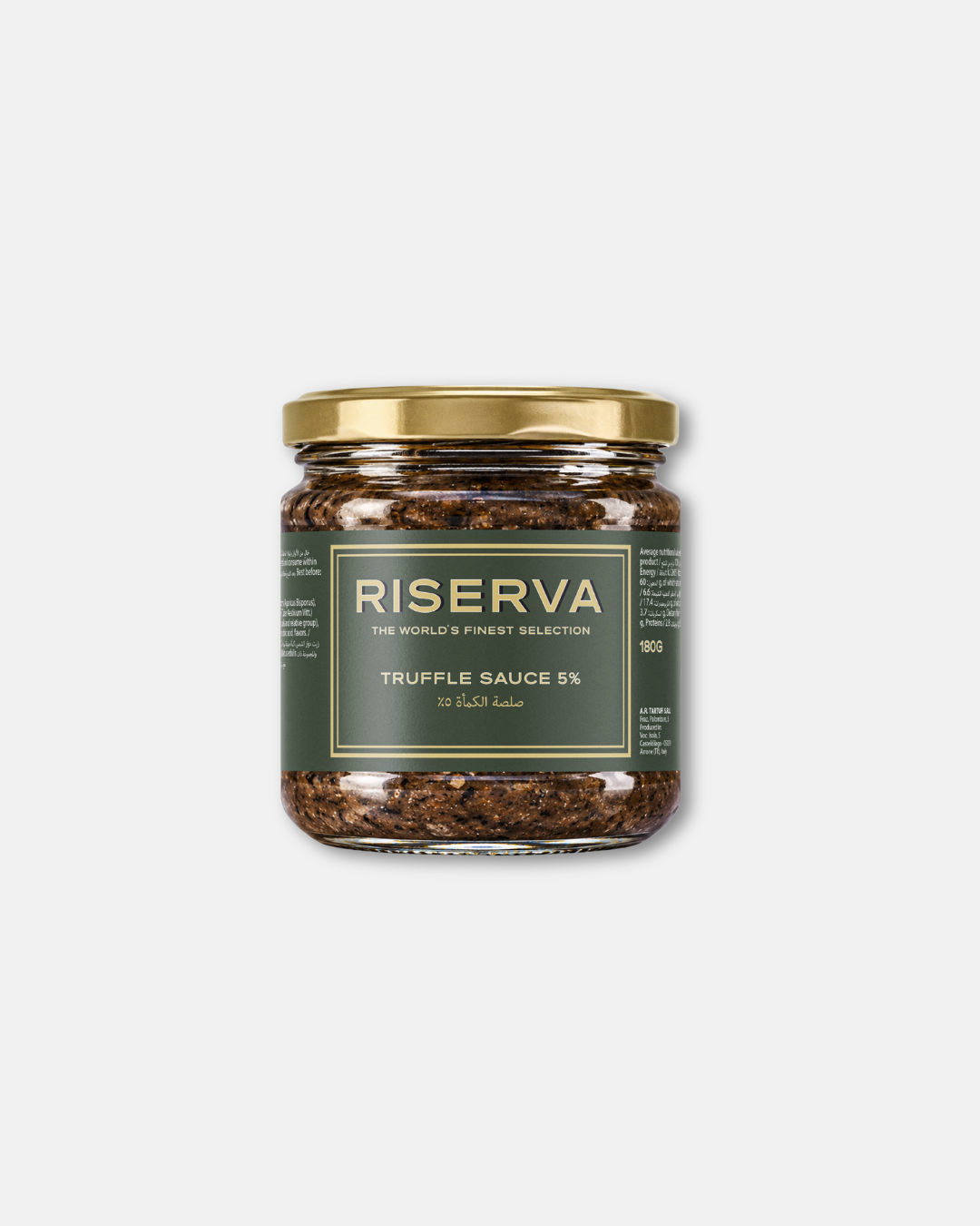 Riserva Truffle Sauce Original 5% 180g is a smooth-textured truffle sauce with visible specks. This concentrated truffle condiment is suitable for enriching pasta, risotto, meat dishes, and savoury recipes. black truffle sauce, truffle sauce Dubai, Black truffle pâté Dubai, Black truffle pesto Dubai.