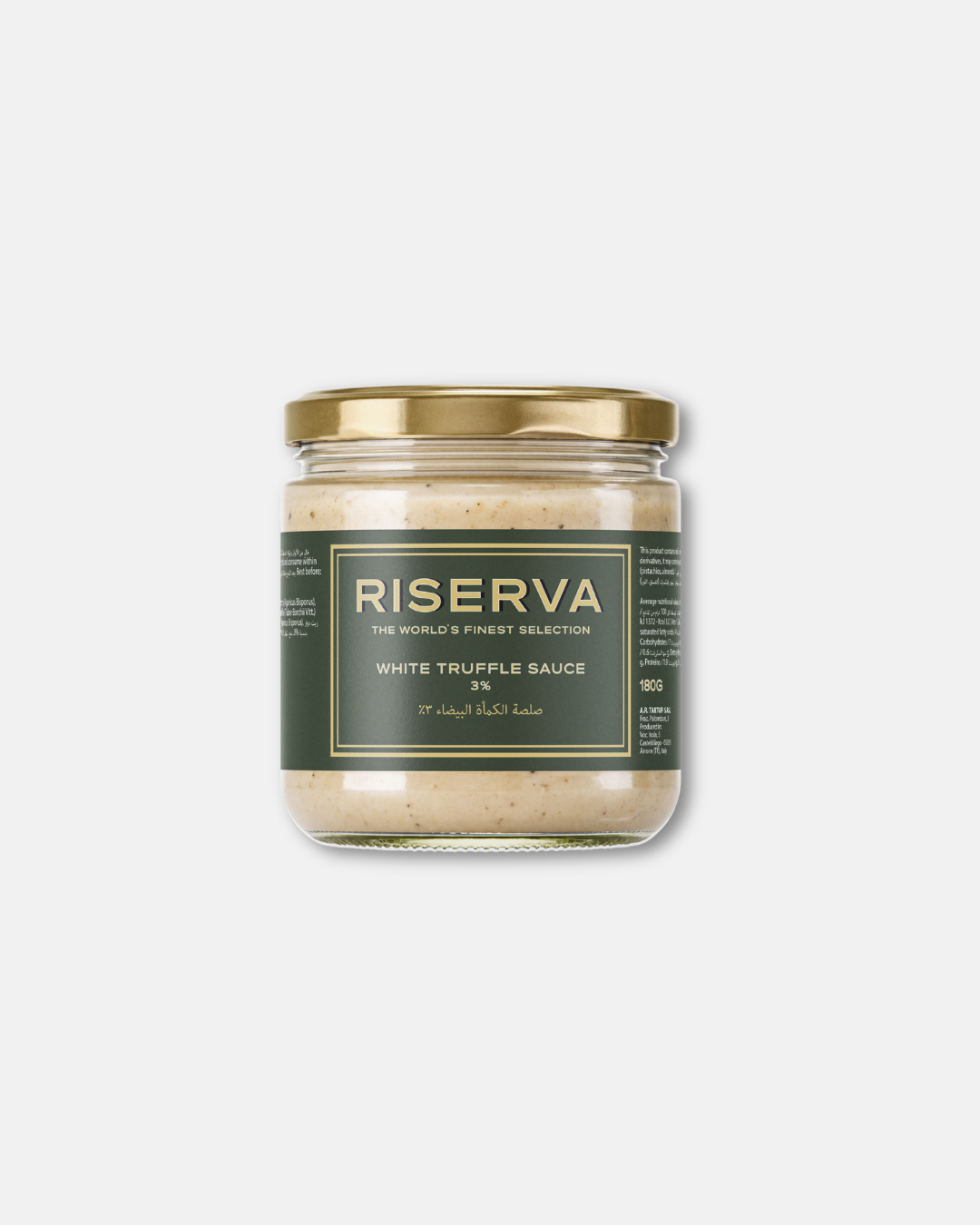 Riserva white truffle sauce with 3% truffle comes in a 160g glass jar, featuring a smooth, creamy texture. Use this truffle condiment to enrich pasta dishes, risotto and other gourmet recipes.  white truffle sauce Dubai, truffle sauce Dubai, truffle pâté Dubai, truffle pesto Dubai, truffle sauce online UAE, buy truffle sauce online, black truffle sauce UAE, truffle pesto UAE, pistachio pesto with truffle.
