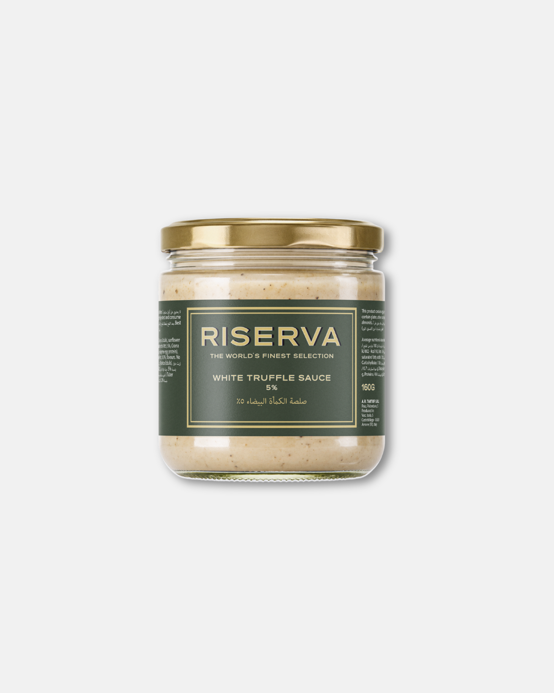 Riserva white truffle sauce with 5% truffle comes in a 160g glass jar, featuring a smooth, creamy texture. Use this truffle condiment to enrich pasta dishes, risotto and other gourmet recipes.  white truffle sauce Dubai, truffle sauce Dubai, truffle pâté Dubai, truffle pesto Dubai, truffle sauce online UAE, buy truffle sauce online, black truffle sauce UAE, truffle pesto UAE, pistachio pesto with truffle.